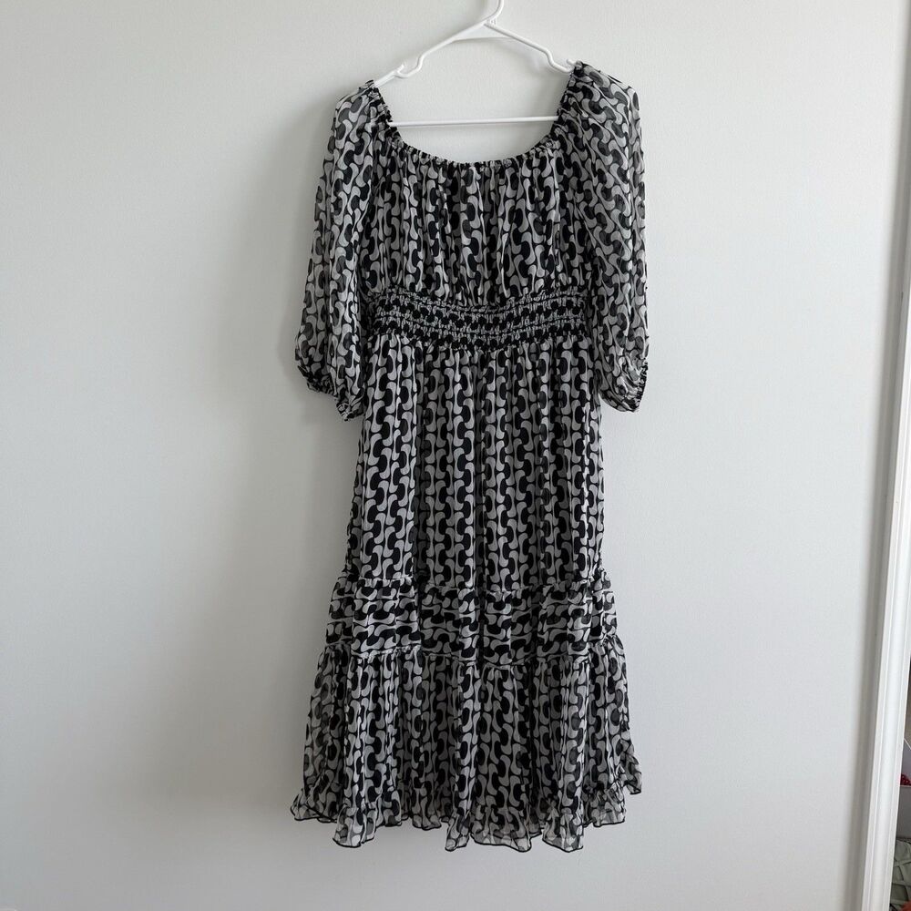 Antheaa Black White Chiffon Midi Dress Geometric Tierred Puff Sleeve Summer XL